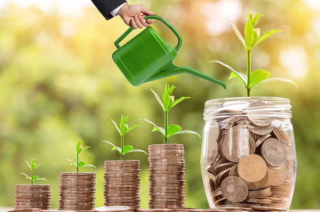 Coins stacking into growing plants beside a coin-filled jar — the value agents grow with Equity