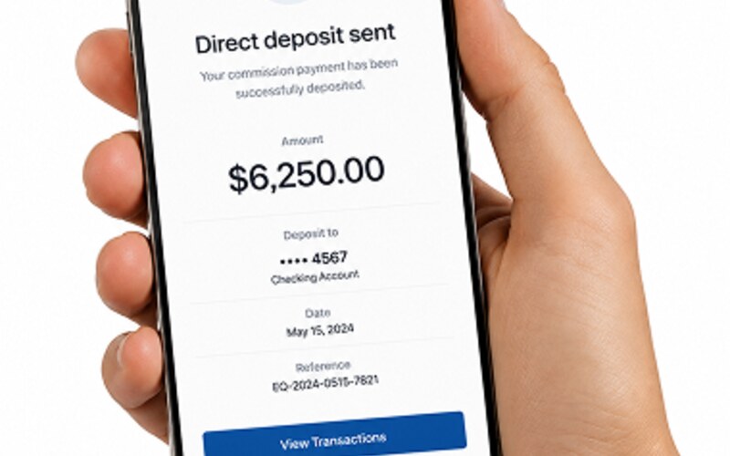 Equity direct-deposit commission payment on a phone