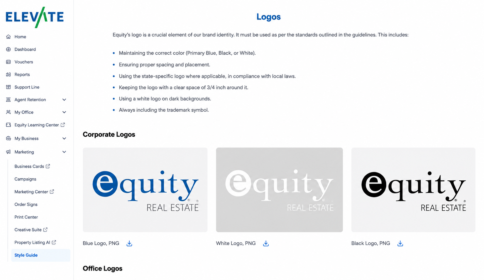 Equity Elevate marketing center brand style guide
