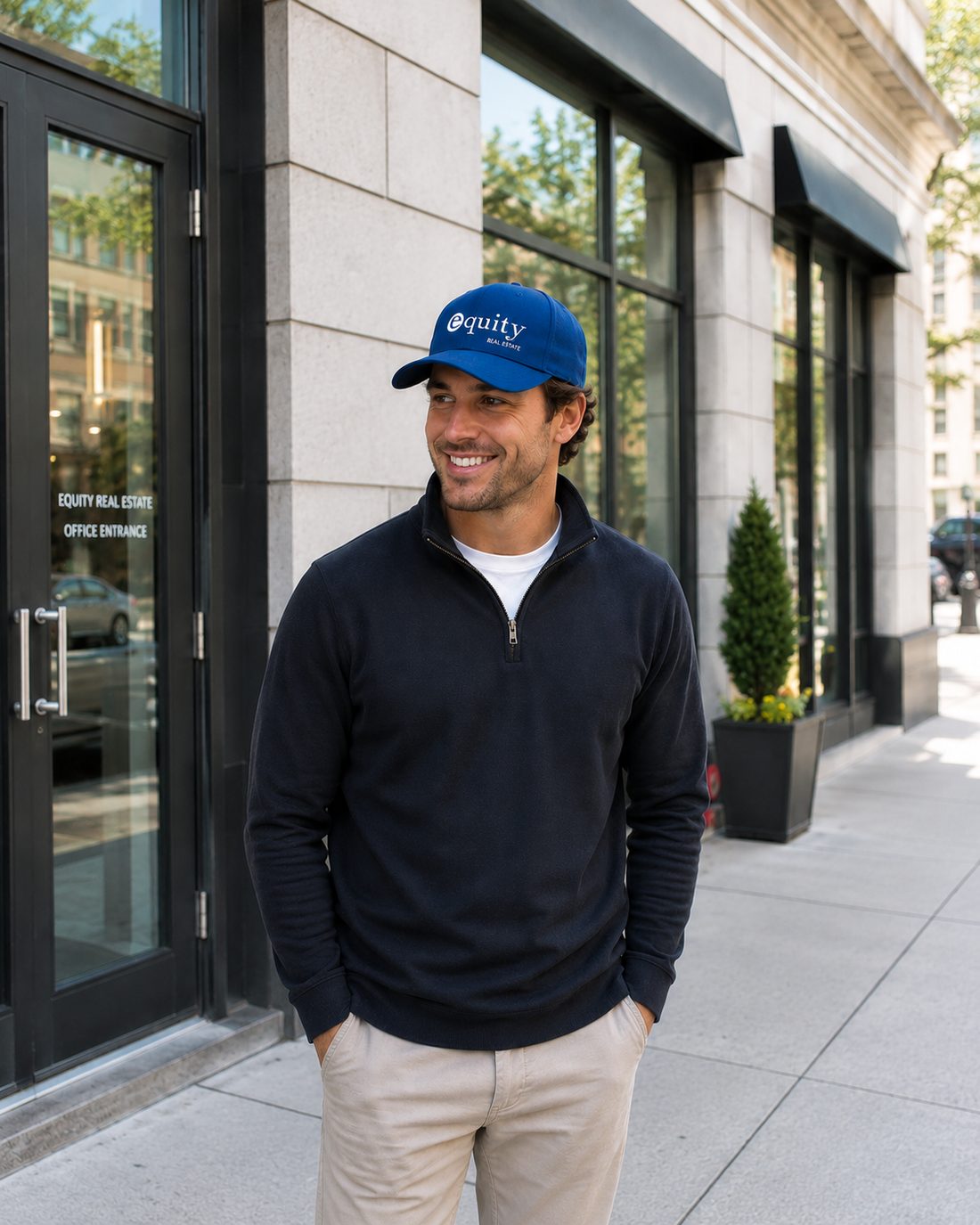 Equity agent outside a storefront office