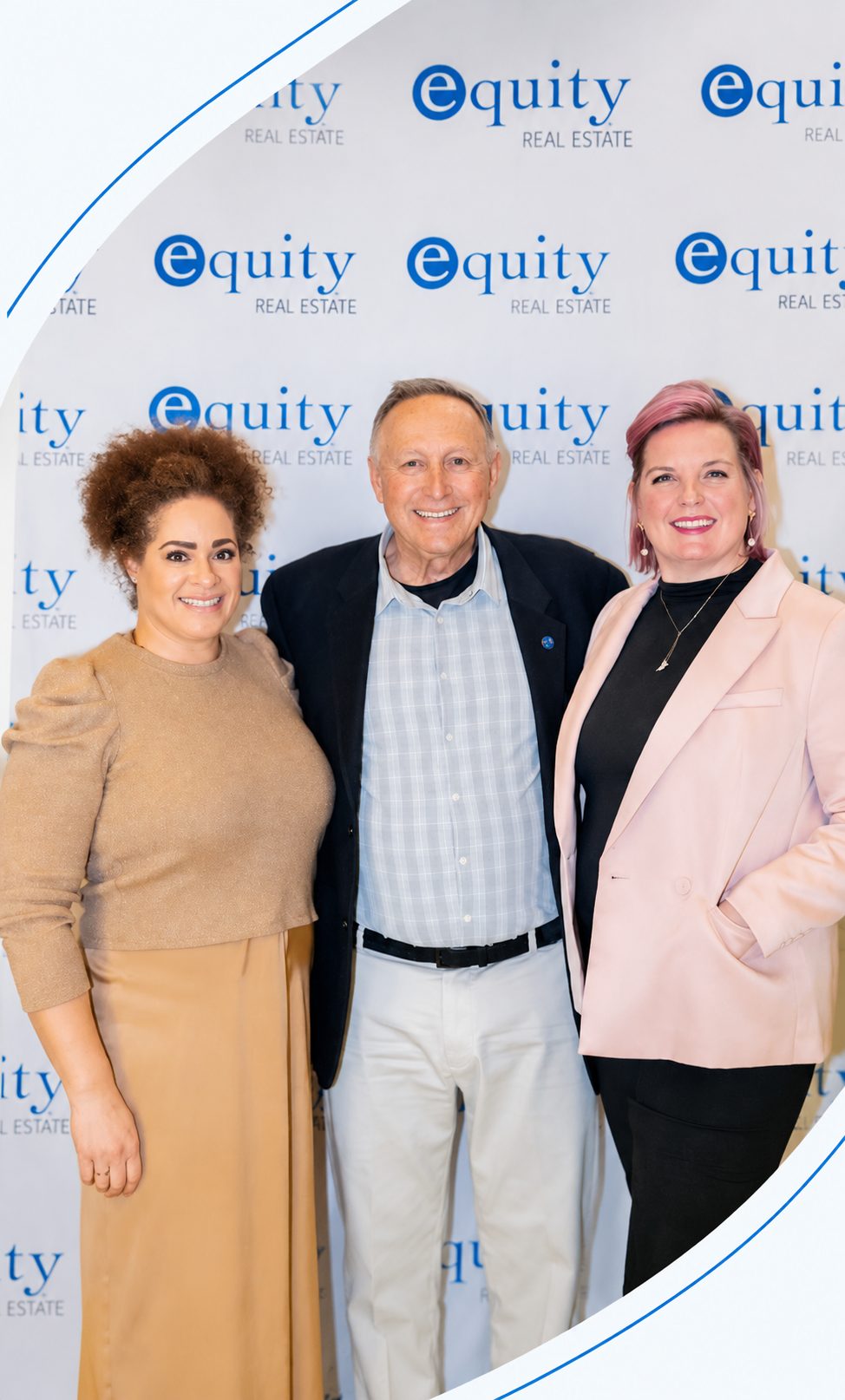 Three members of the Equity Real Estate team in front of an Equity backdrop